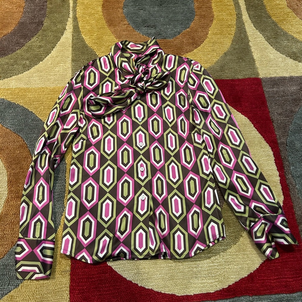 Tory Burch Silk Printed Tie Neck Long Sleeve Button Down Blouse Top See All Pics